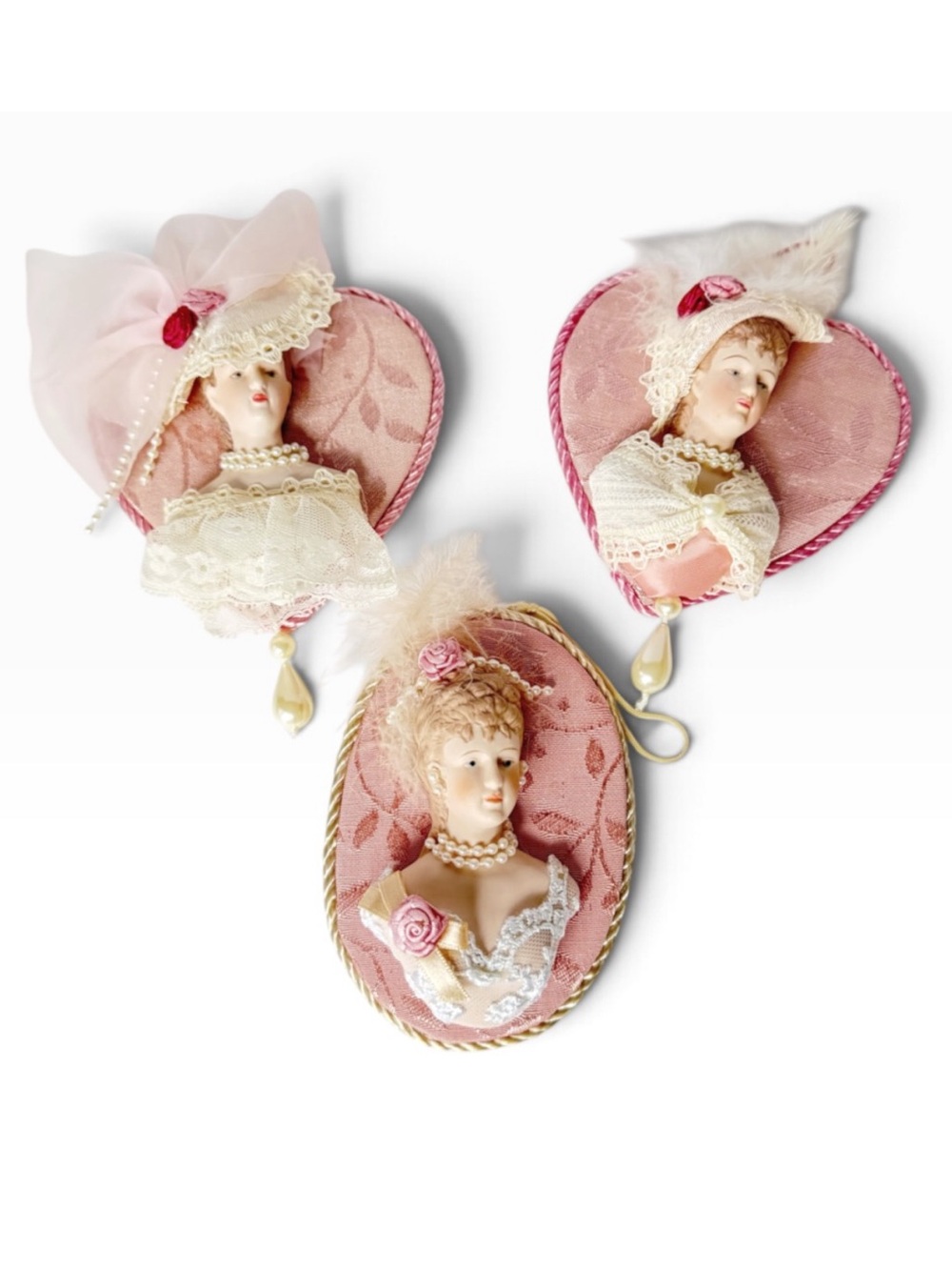 Vintage Set of 3 Porcelain Victorian Ladies Woman Bust Christmas Ornaments Pink